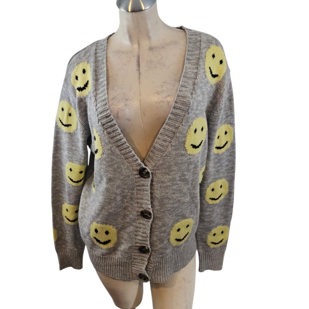 3/$25 Streetwear Society Size S Gray Cardigan with Yellow Smiley Faces